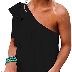 One Shoulder Top with Loose Self Tie Bow Blouse